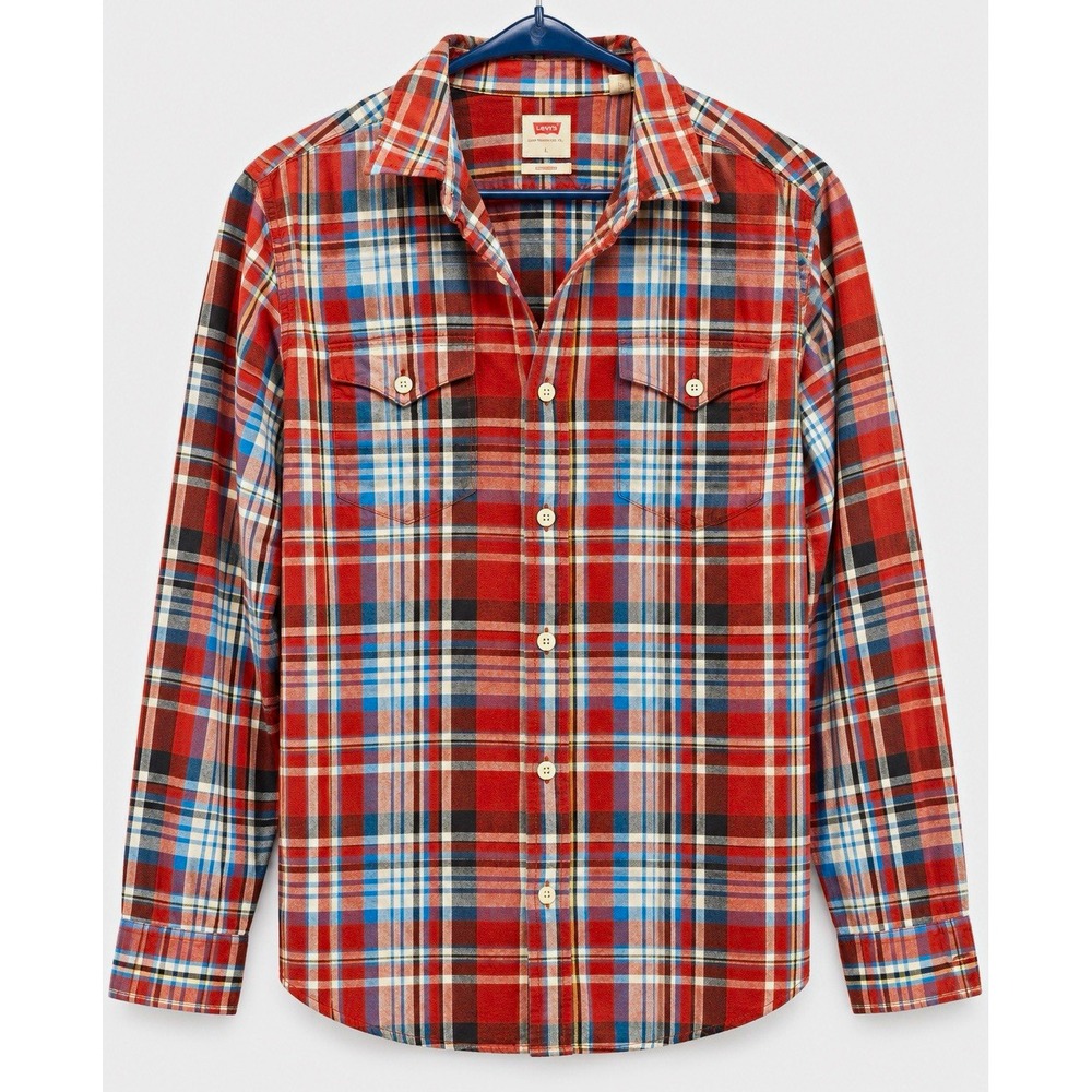 Levi's Standard Men's Red/Blue/White Plaid Woven Cotton Pocket Shirt L